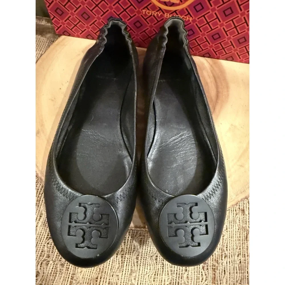 Tory Burch Minnie Travel Ballet Women's Pebble Leather‎ Perfect Black Sz-9
